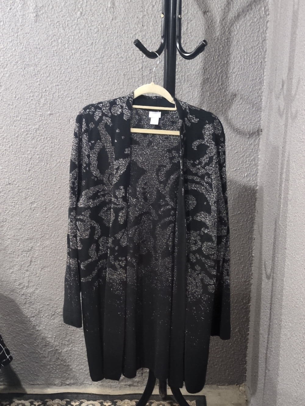 Chico's Black Cardigan with Silver Metallic Motif